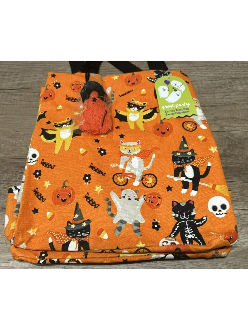 Ghost Party Halloween Canvas Treat Bag With Cat & Pumpkin Print Orange & Black I - Picture 4 of 4